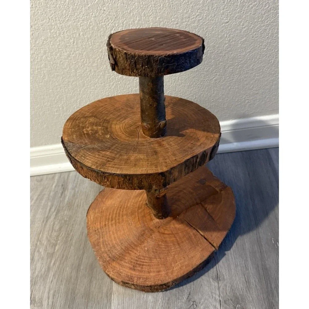 3 tiered Handcrafted Natural Tree Log Slices serving Stand Decorative Style